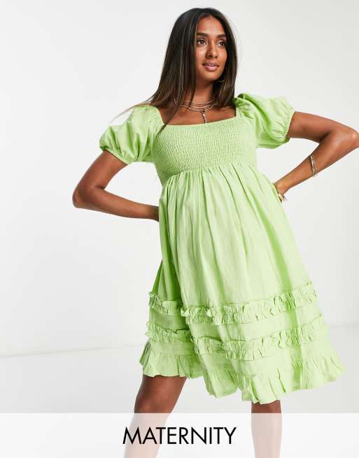 Influence Maternity - Mini jurk met pofmouwen, gesmokt lijfje en gingham ruit in groen