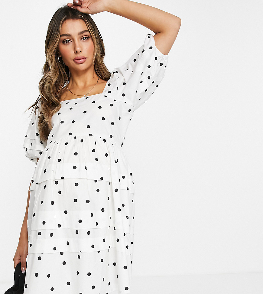 Influence Maternity puff sleeve cotton poplin mini dress in polka dot-White