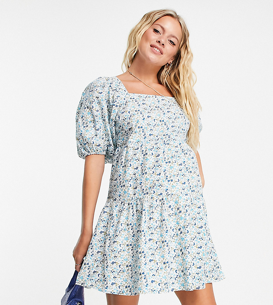 Influence Maternity puff sleeve mini dress in ditsy floral print-Blues