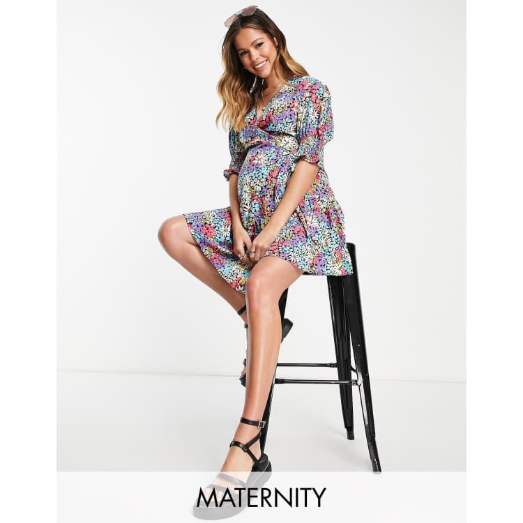 ASOS DESIGN Maternity puff sleeve gathered front midi dress in floral print  - MULTI