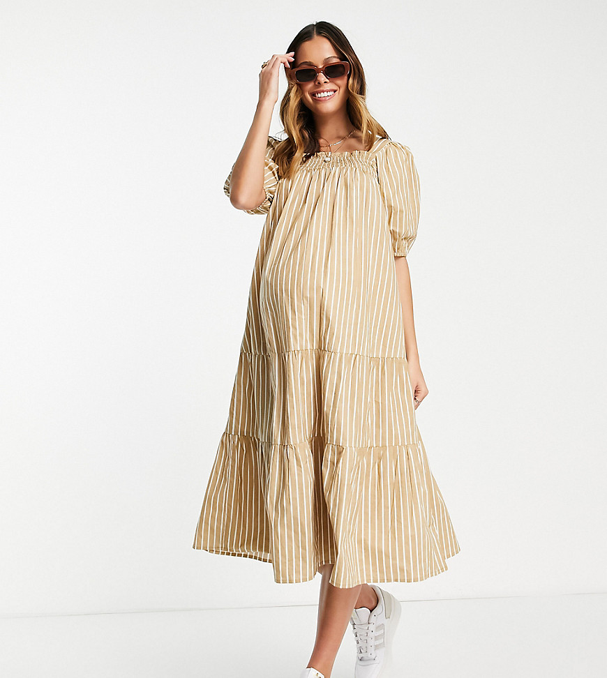 Influence Maternity puff sleeve tiered midi dress in brown gingham