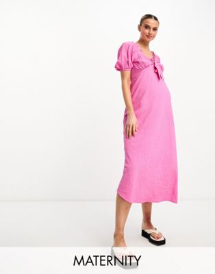 Influence Maternity tie front textured midi dress in pink - ASOS Price Checker