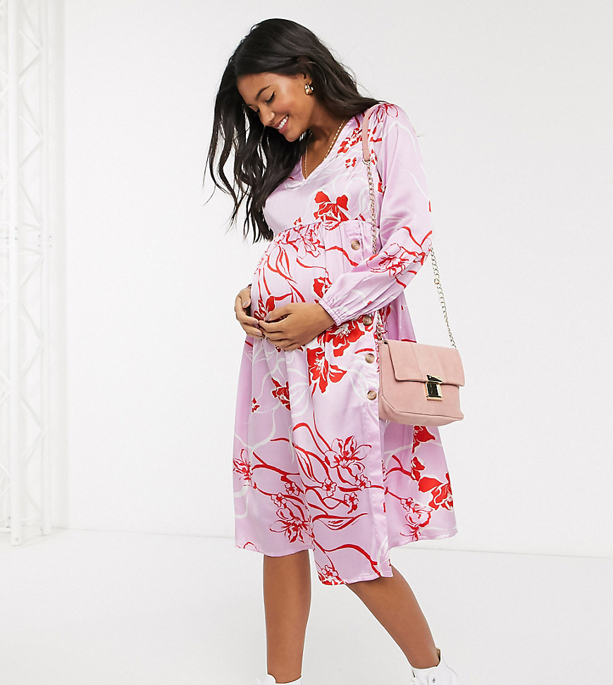 Influence Maternity – Rosa blommig midiklänning med knappar fram