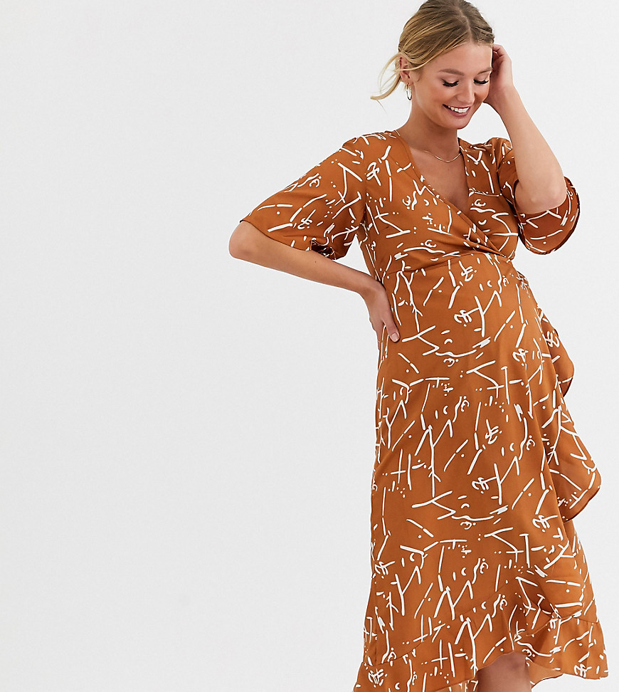 Influence Maternity - Satijnen midi-jurk met overslag en ruche langs de zoom-Multi