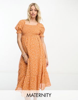Influence Maternity shirred front tiered midi dress in orange ditsy floral
