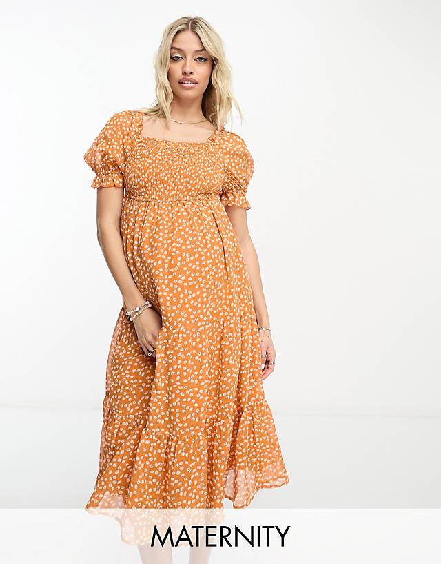 Influence Maternity - shirred front tiered midi dress in orange ditsy floral