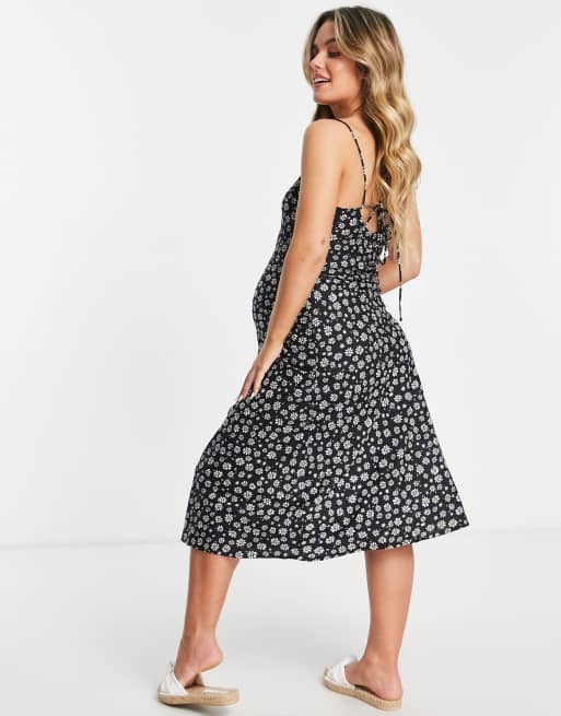 Influence spaghetti strap tiered midi dress in black floral