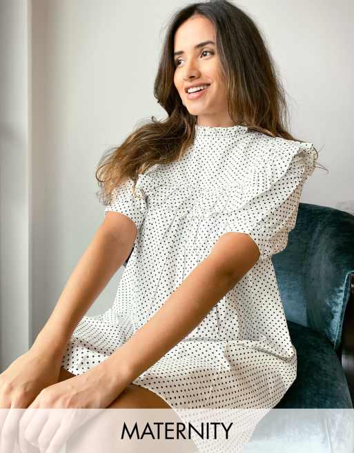 Influence Maternity – Sukienka mini z falbanką na karczku i wzorem w groszki