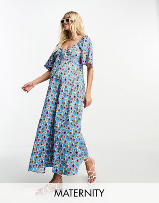 Influence Maternity tie front midi dress in blue mutli floral print