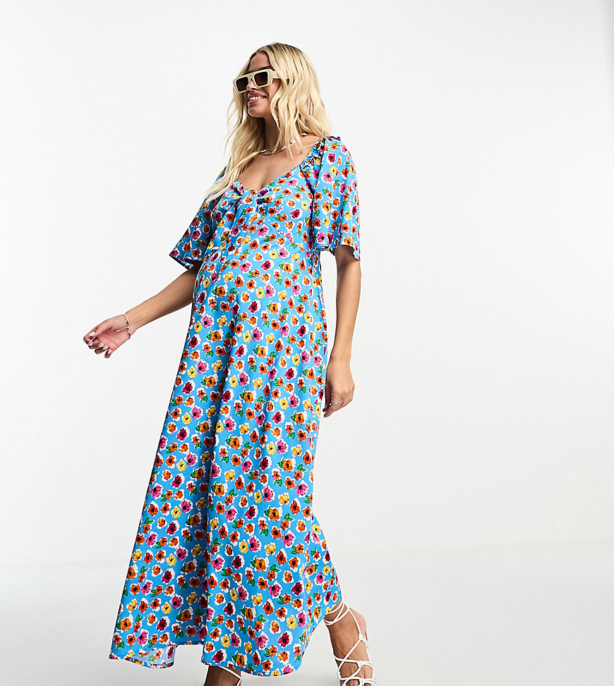 Influence Maternity tie front midi dress in blue mutli floral print