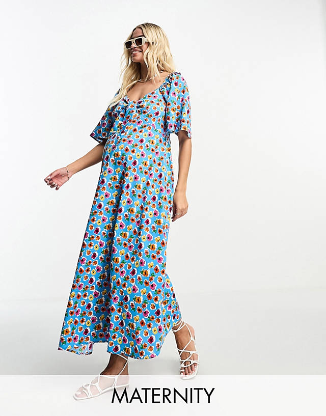 Influence Maternity - tie front midi dress in blue mutli floral print