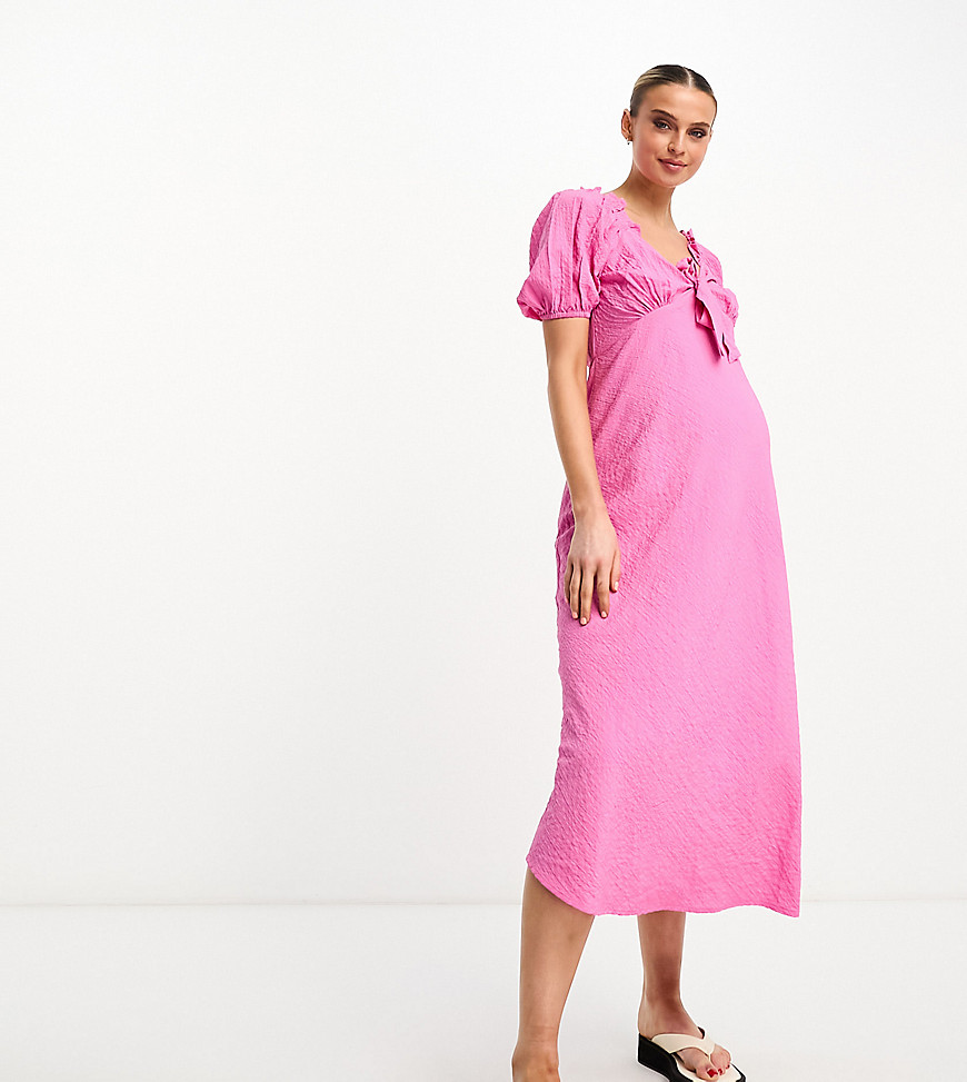 Influence Maternity tie front textured midi dress in pink