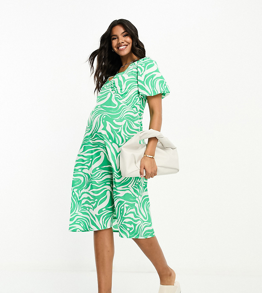 Influence Maternity v neck midi dress in green abstract print