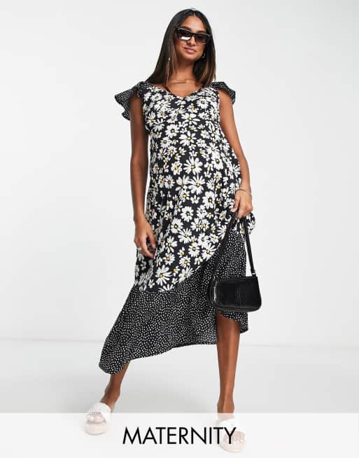 Influence Maternity - Vestito midi con maniche ad aletta nero a fiori