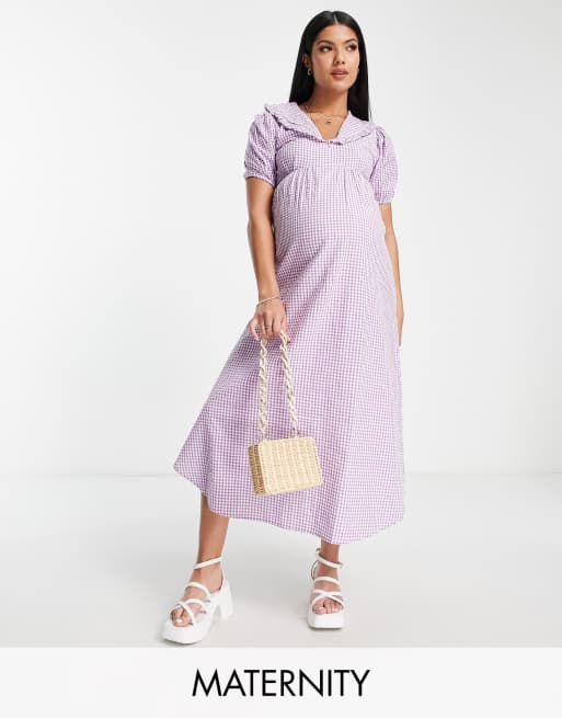 Influence Maternity - Vestito midi viola a quadretti con colletto alla Peter Pan