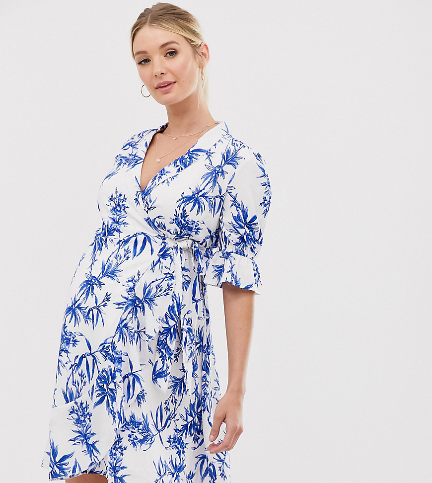 Influence Maternity wrap front dress in porcelain floral print-White