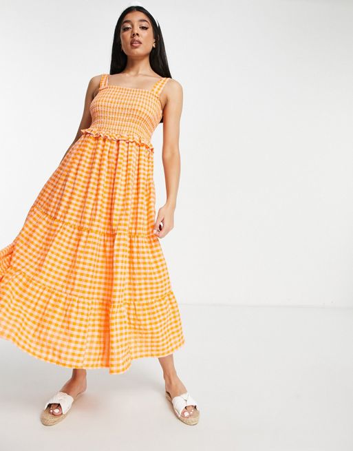 YOURS Plus Size Orange Gingham Tiered Pure Cotton Midi Skirt