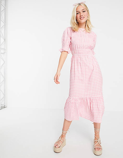Influence midi dress in pink gingham