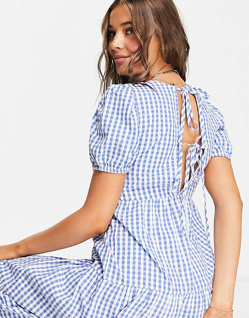 Influence midi dress with tie back in blue gingham | ASOS