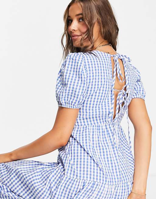 Influence midi dress with tie back in blue gingham | ASOS