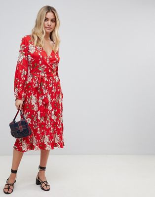 Influence midi floral dress with pleated skirt and tie waist | ASOS