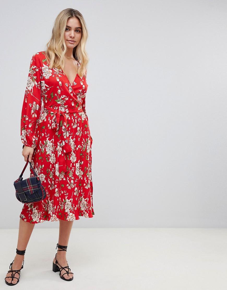 Influence midi floral dress with pleated skirt and tie waist-Red