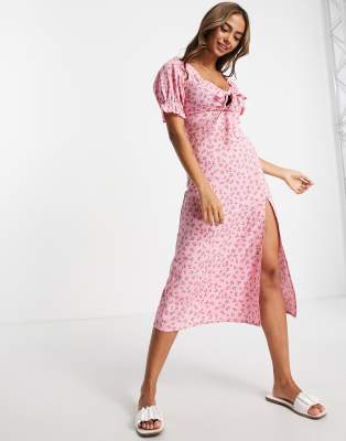 Influence - Midi-Freizeitkleid mit Blumenprint in Rosa und Puffärmeln