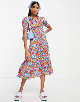 Influence - Midi-Freizeitkleid mit Puffärmeln, Schnürung und leuchtendem Blumenmuster-Bunt