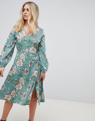 Influence - Midi-jurk met bloemenprint en knopen-Groen