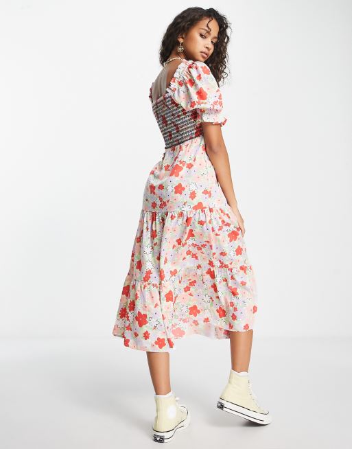 Influence Midi jurk met gesmokt lijfje en bloemenprint ASOS