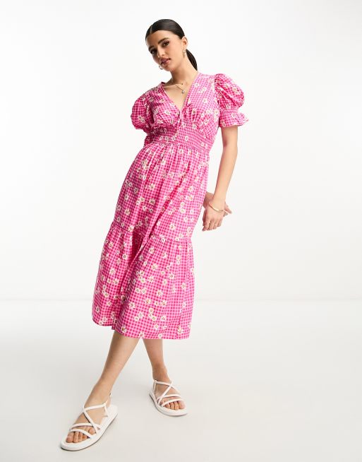 Influence - Midi jurk met gingham ruit en bloemenprint in roze