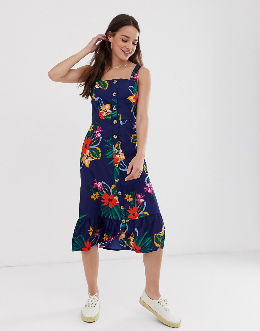 Influence - Midi-jurk met knopen en tropische bloemenprint-Blauw