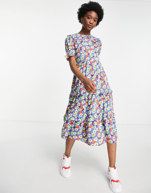 Influence Midi jurk met kraagje en veelkleurige bloemenprint ASOS