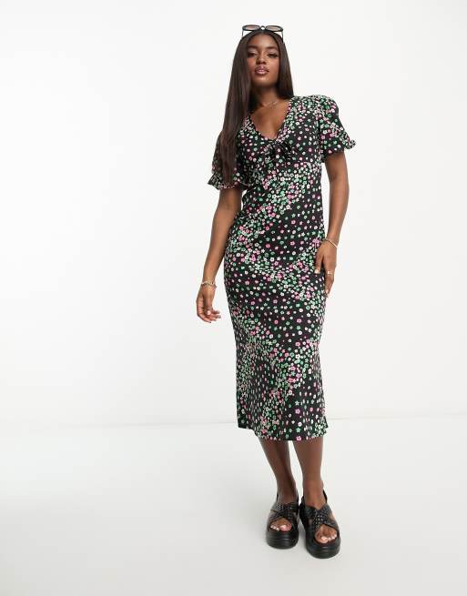 Influence - Midi-jurk met pofmouwen en gestrikte voorkant in lineaire bloemenprint