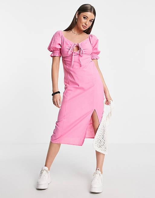 Influence - Midi-jurk met pofmouwen en hartvormige halslijn in roze