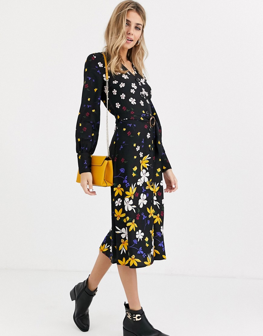Influence - Midi-jurk met riem, knopen en gemengde bloemenprint-Multi