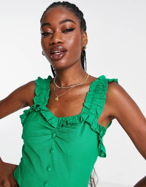 Influence Midi jurk met schouders met ruches in felgroen ASOS