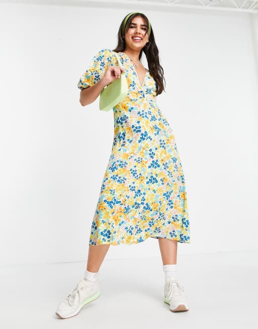 Influence midi tea dress in yellow floral | ASOS