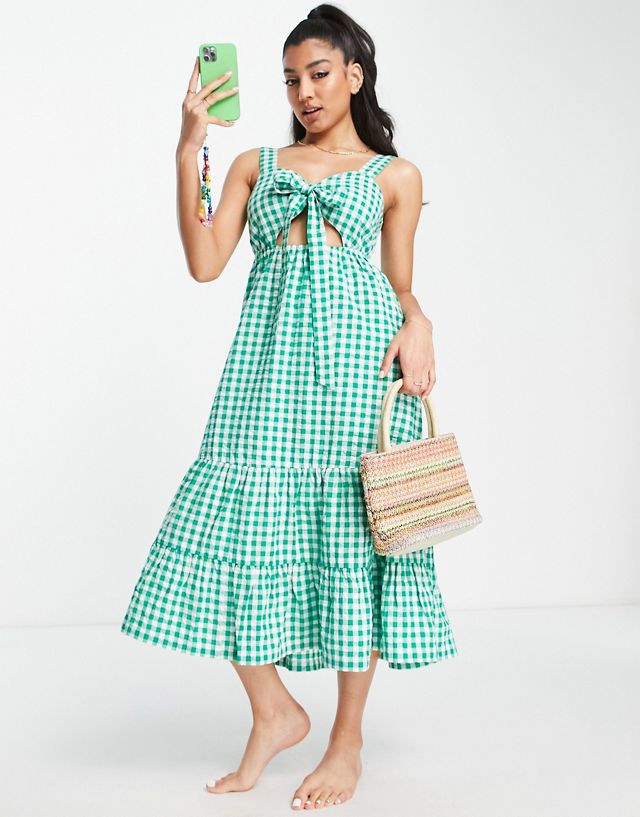 Influence midi tie front beach dress in green gingham print