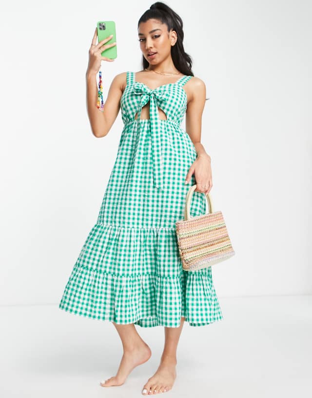 Influence midi tie front beach dress in green gingham print