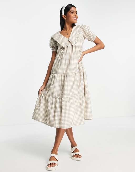 Influence – Midikleid mit Bubikragen und Vichy-Karos in Beige