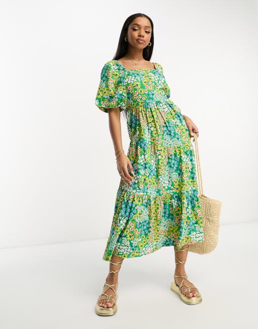 Influence – Midikleid mit eckigem Ausschnitt und Puffärmeln in Grün mit Blumendruck