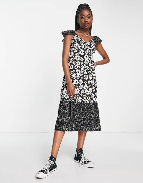 Influence – Midikleid mit Rüschenärmeln und Gänseblümchen-Punkte-Mix-Print - view 1