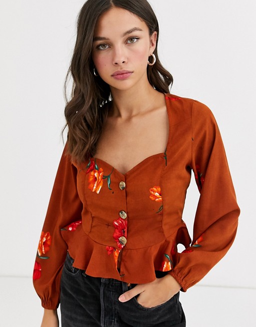 Influence milkmaid blouse in rust floral print