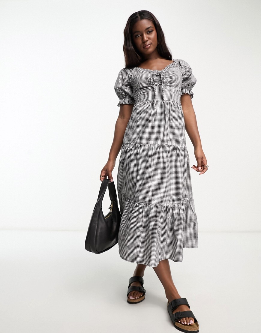 Influence milkmaid tiered midi dress in monochrome gingham-White