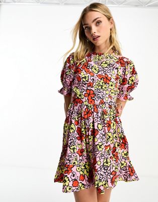 mini dress in bold floral print-Multi