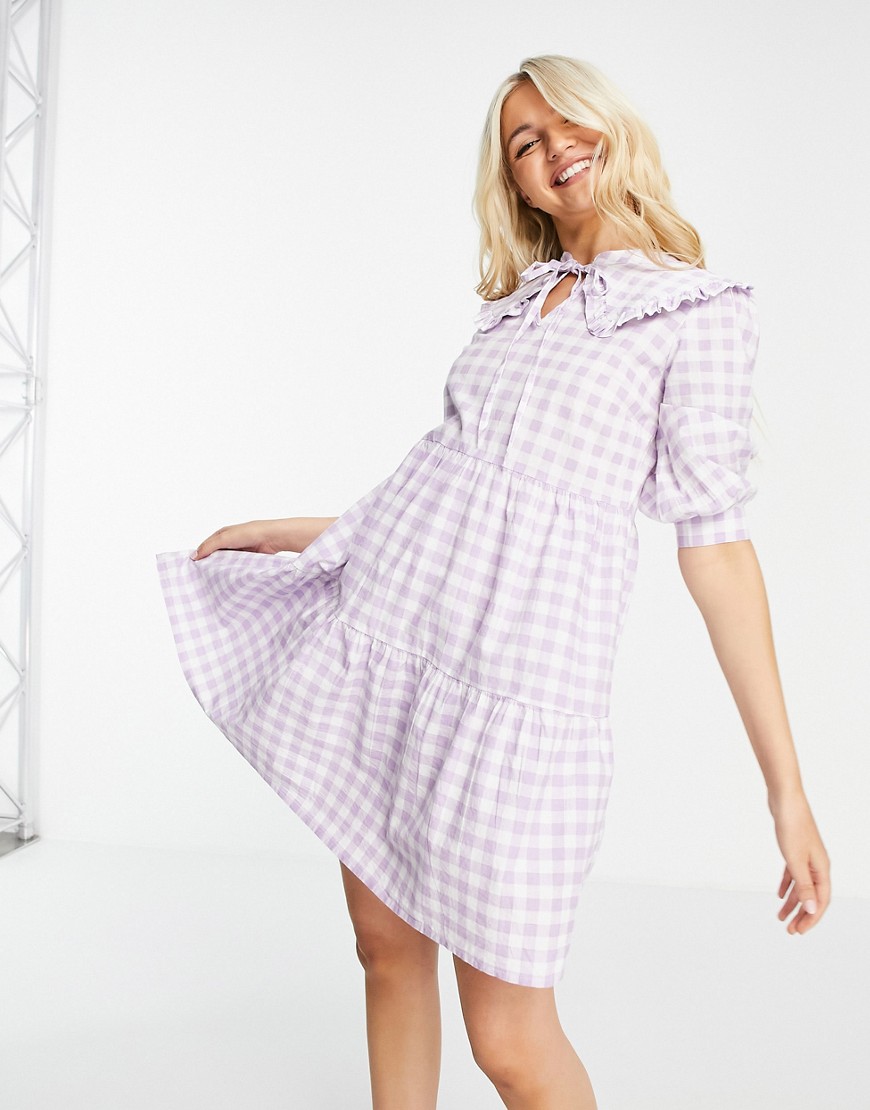 Influence mini dress with collar in lilac gingham-Purple