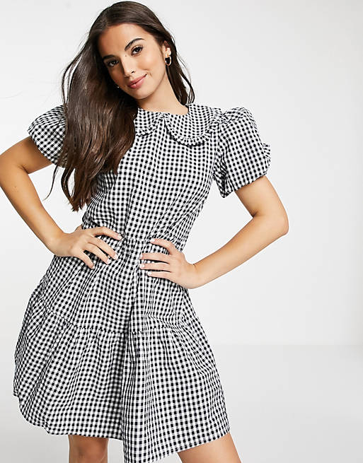 Influence mini dress with collar in navy gingham