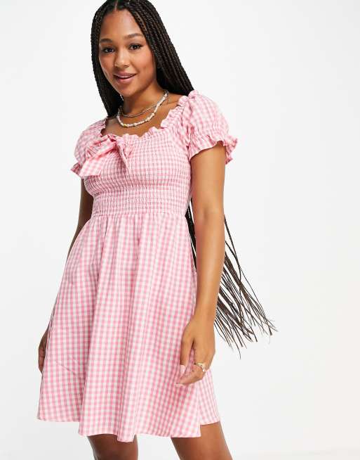 Influence - Mini-jurk met blote schouders en roze gingham ruit