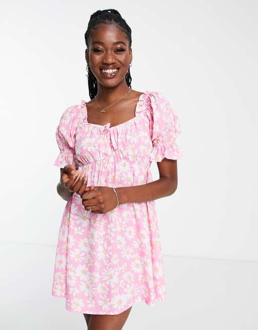 Influence mini tea dress in pink daisy print | ASOS